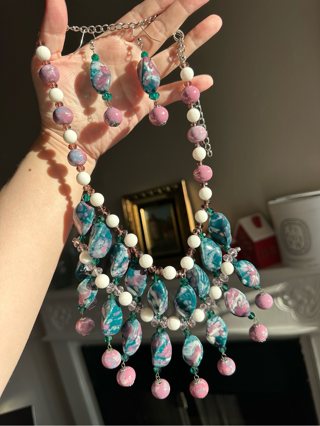 Vintage Pink & Teal Statement Beaded Necklace And Earrings Set